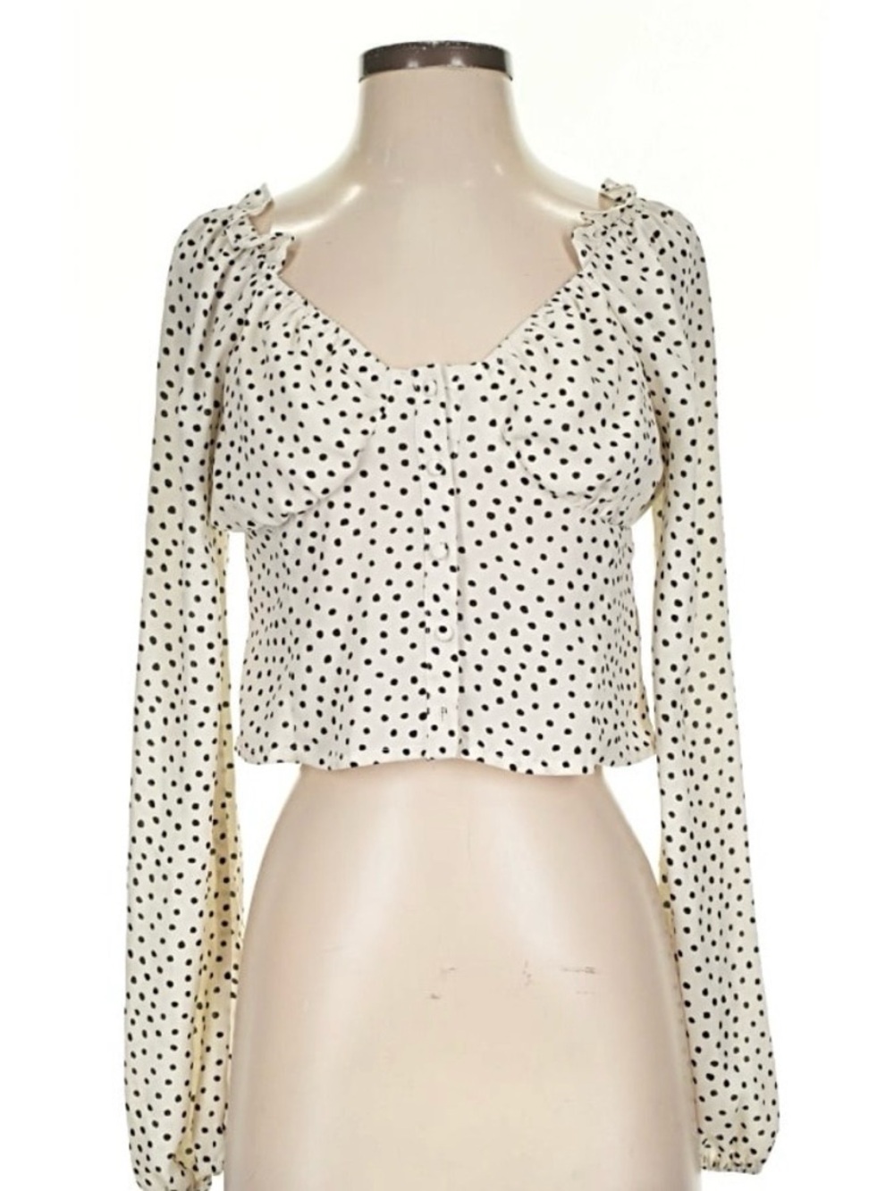 Polka Dot Long-Sleeve Crop Top - Cream with Black Dots